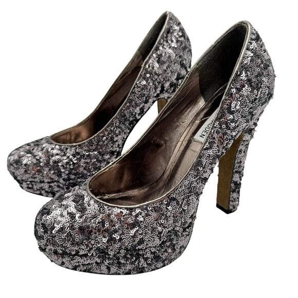 STEVE MADDEN Women's 10 Silver Sequin Platform Ultra High Pinup Heels P-Rebaa‎ - Picture 2 of 10